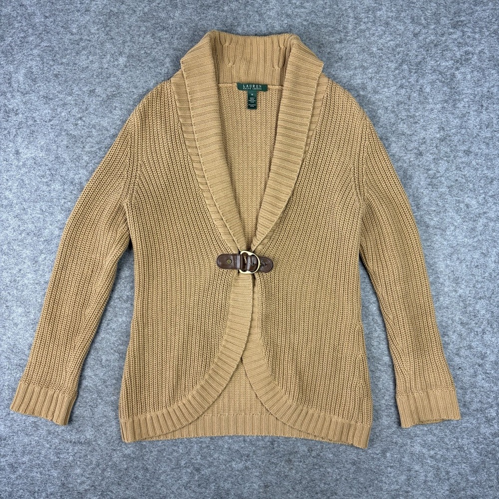 LAUREN RALPH LAUREN Brown Buckle Knit Cardigan Sweater Equestrian Women's Medium